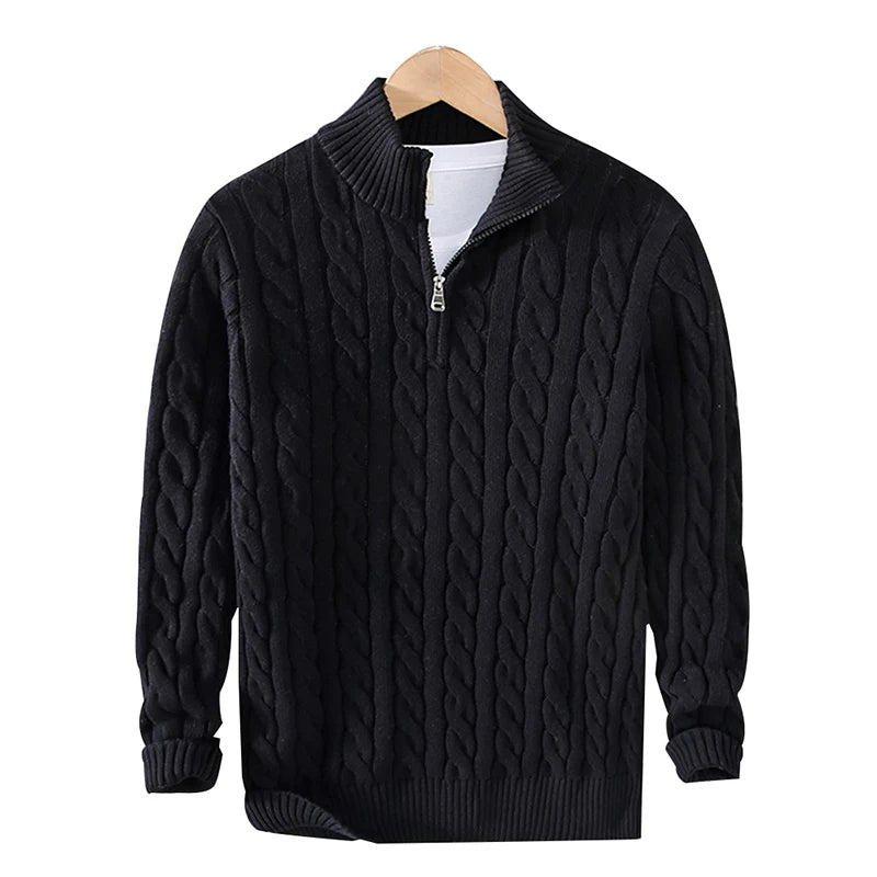 pure Cotton Sweaters Men's High Quality Autumn Cable Knit Christmas Sweater With Zipper Turtleneck Pullovers Zipper Pull Homme