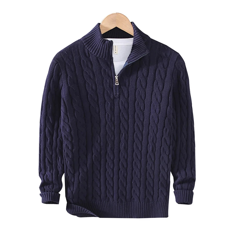 pure Cotton Sweaters Men's High Quality Autumn Cable Knit Christmas Sweater With Zipper Turtleneck Pullovers Zipper Pull Homme