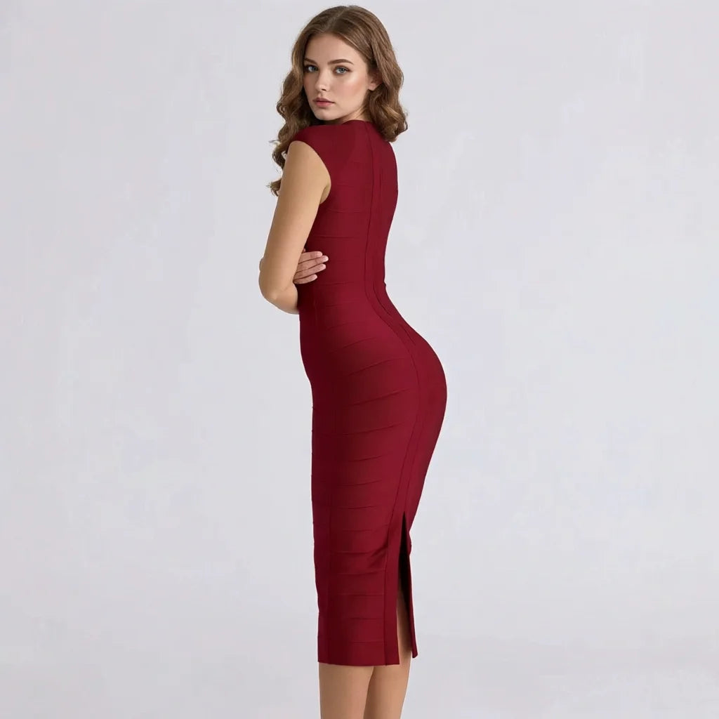 BEAUKEY Luxury  Plunge V Bandage Long Dress Women Striped  Bodycon  Party Celebrity Evening Dress Elastic Knitted