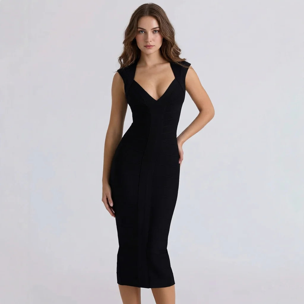 BEAUKEY Luxury  Plunge V Bandage Long Dress Women Striped  Bodycon  Party Celebrity Evening Dress Elastic Knitted