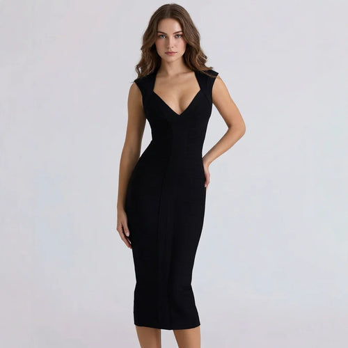 BEAUKEY Luxury  Plunge V Bandage Long Dress Women Striped  Bodycon  Party Celebrity Evening Dress Elastic Knitted