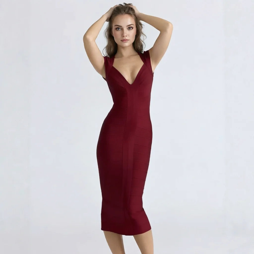 BEAUKEY Luxury  Plunge V Bandage Long Dress Women Striped  Bodycon  Party Celebrity Evening Dress Elastic Knitted